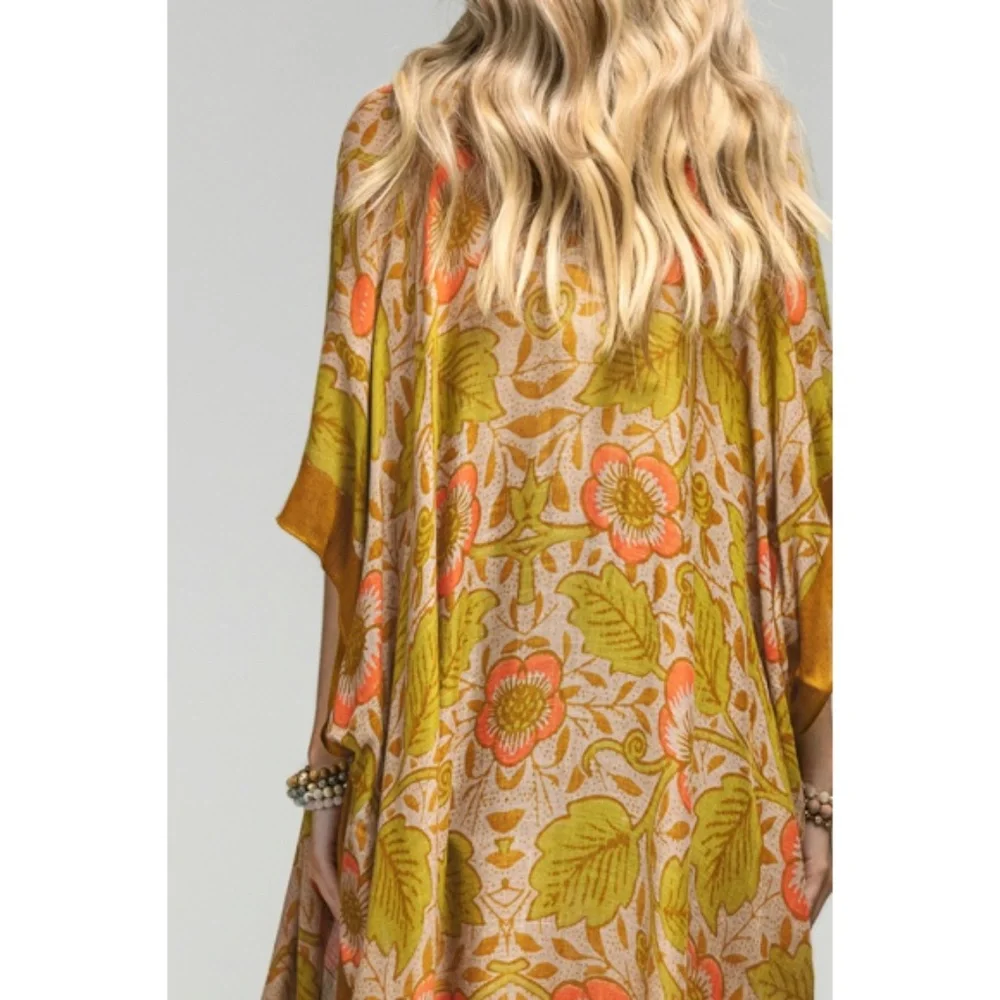 SOLD OUT Retro Vintage 70's Style Floral Leaf Print Kimono Open Wrap Coverup Top - Picture 6 of 6